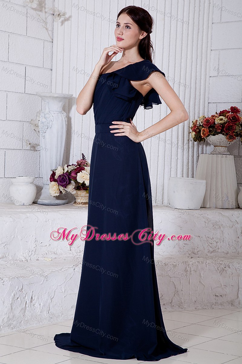 Navy Blue One Shoulder Ruched Prom Dress with Brush Train