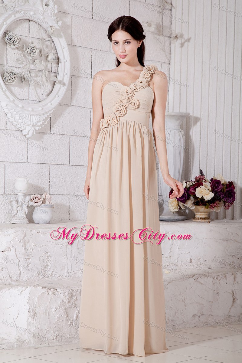 One Shoulder Hand Made Flowers Prom Dress Champagne Floor-length