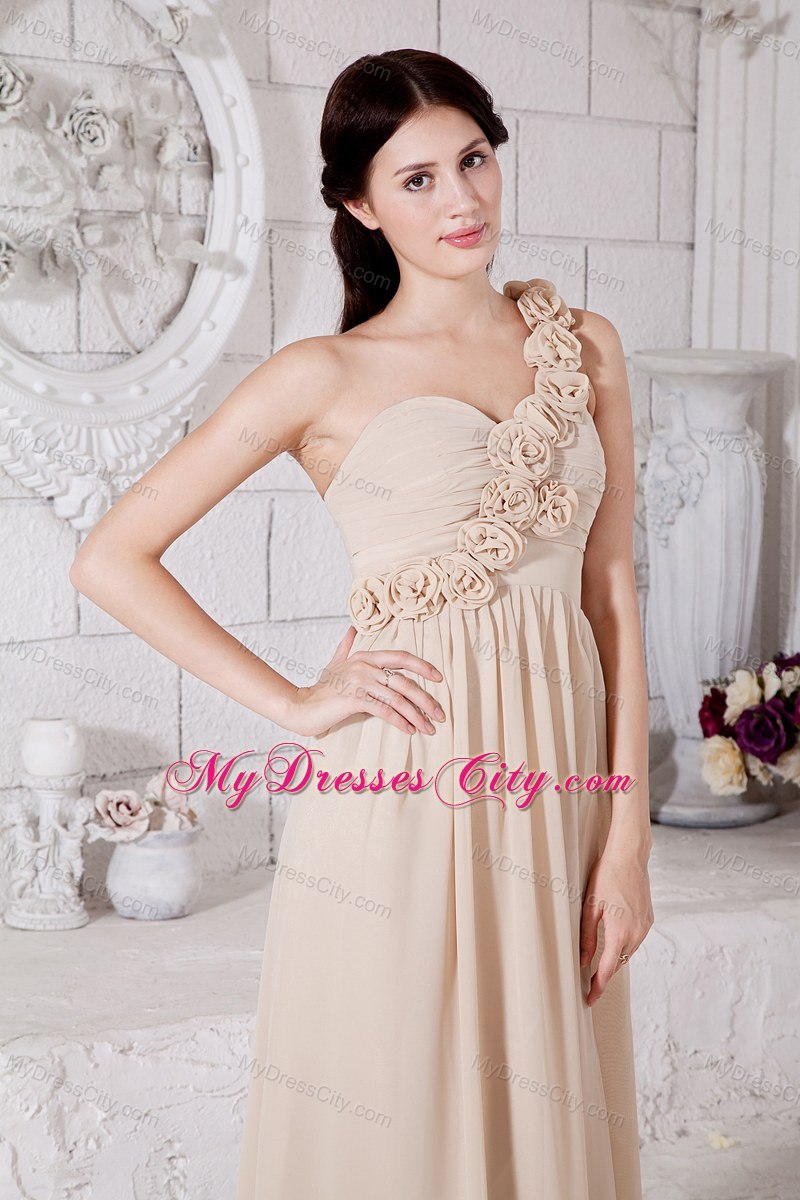 One Shoulder Hand Made Flowers Prom Dress Champagne Floor-length