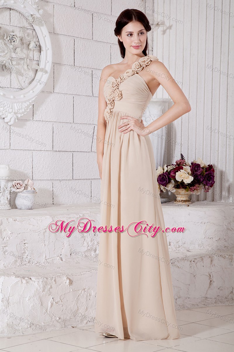 One Shoulder Hand Made Flowers Prom Dress Champagne Floor-length