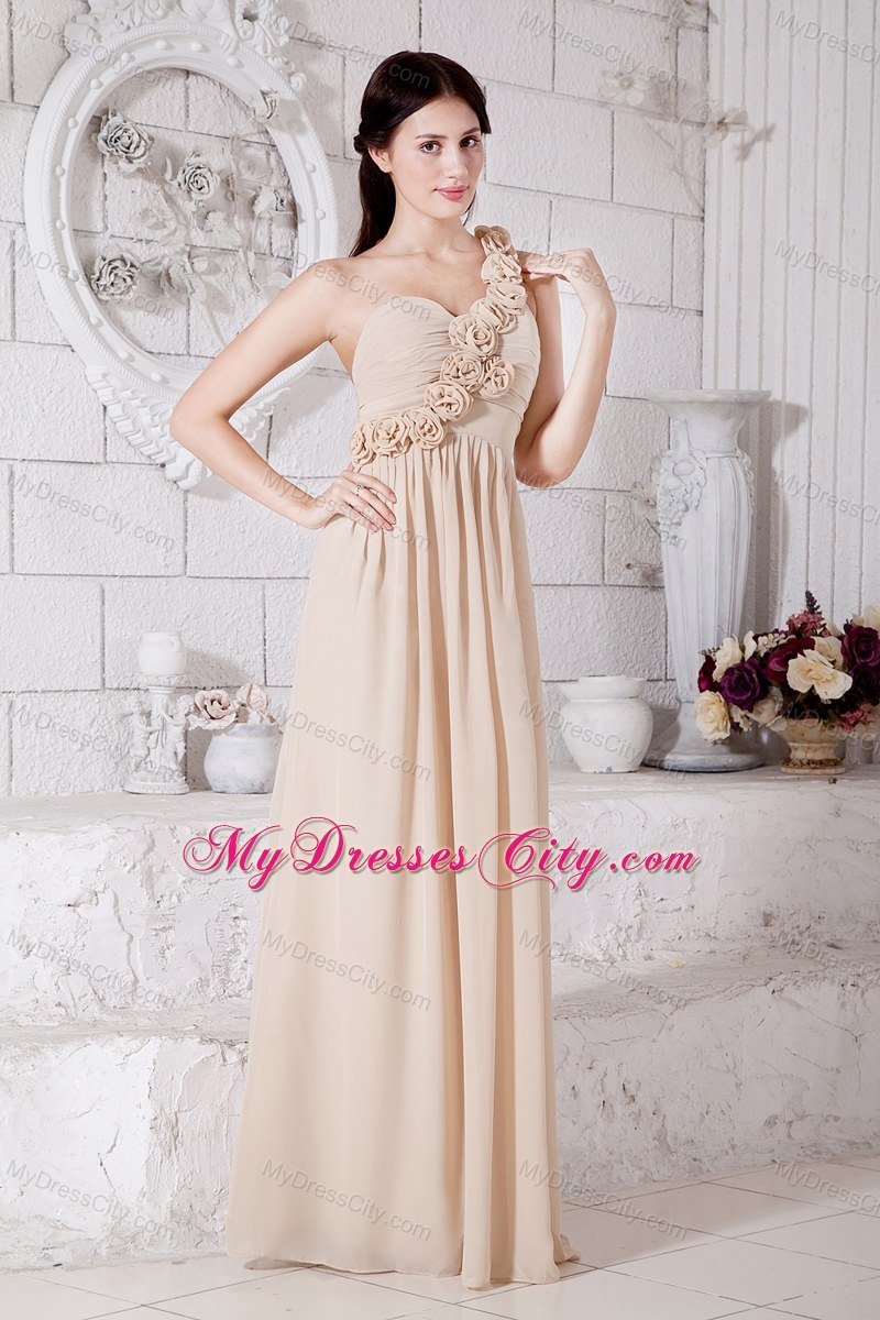 One Shoulder Hand Made Flowers Prom Dress Champagne Floor-length