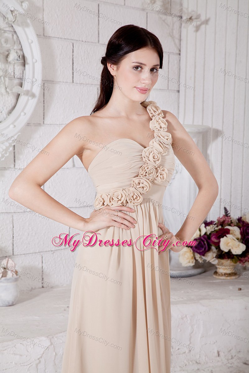 One Shoulder Hand Made Flowers Prom Dress Champagne Floor-length