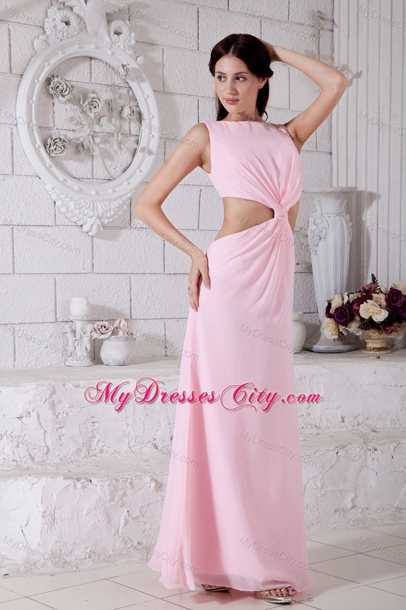 Baby Pink Prom Dress Bateau Ankle-length with Side Cut Out