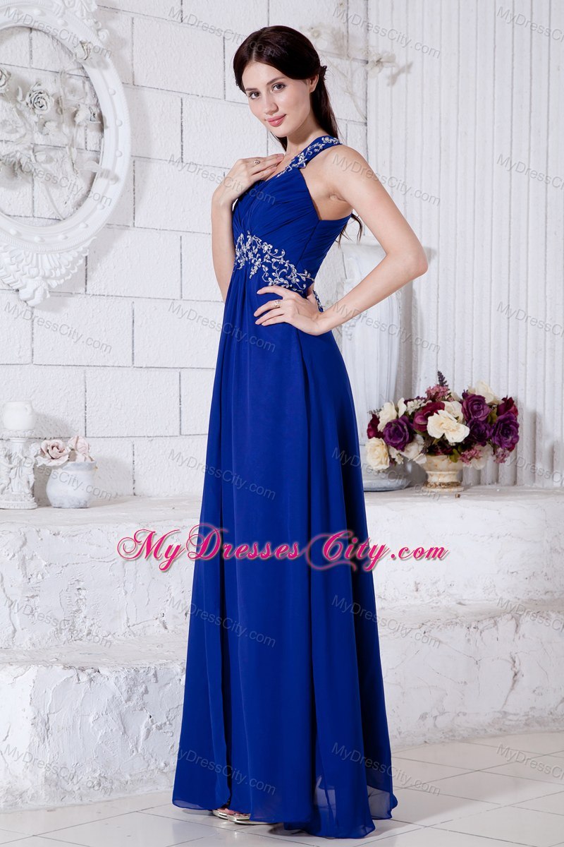 Royal Blue One Shoulder Prom Dress Appliques Floor-length