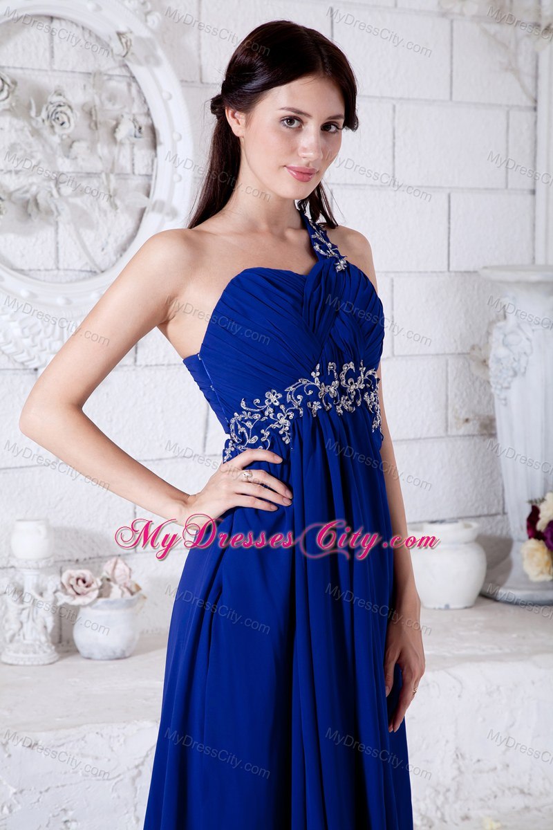 Royal Blue One Shoulder Prom Dress Appliques Floor-length