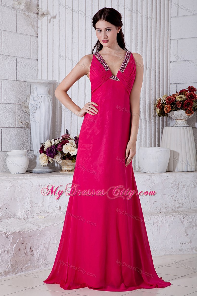 Hot Pink Evening Dress with Brush Train Beading Cutout Back