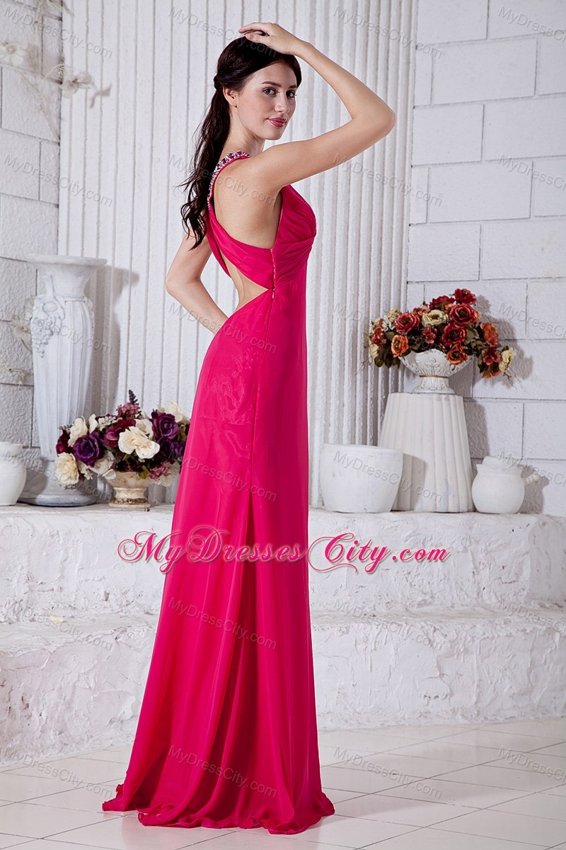 Hot Pink Evening Dress with Brush Train Beading Cutout Back