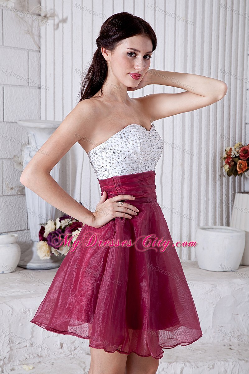 Burgundy Sweetheart Cocktail Dress Organza Beading Mini Length 8447