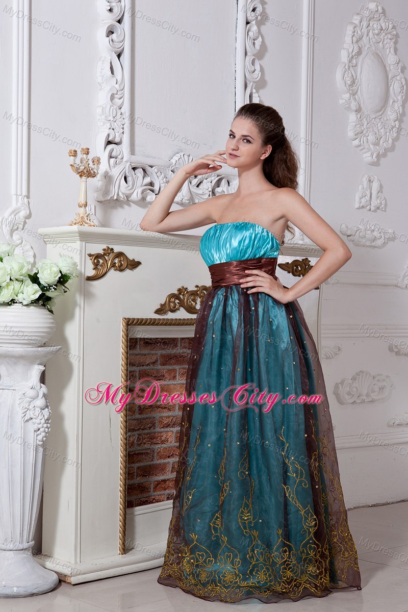 Strapless Aqua and Brown Cool Back Prom Dress Floor-length