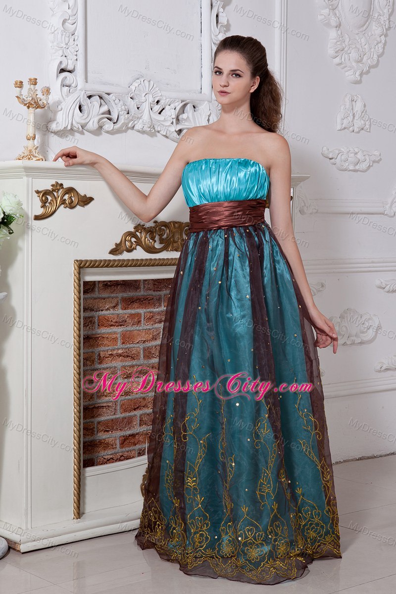 Strapless Aqua and Brown Cool Back Prom Dress Floor-length