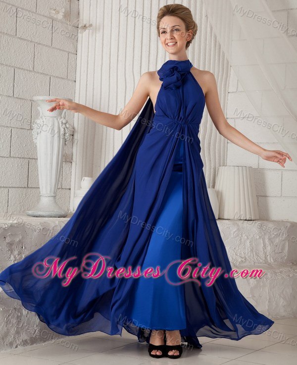 Blue Halter Watteau Train Chiffon Evening Dress with Ruching