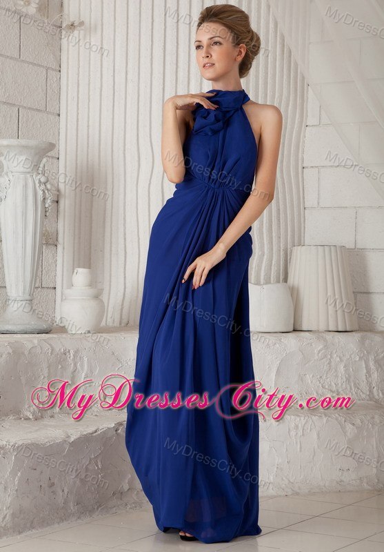 Blue Halter Watteau Train Chiffon Evening Dress with Ruching