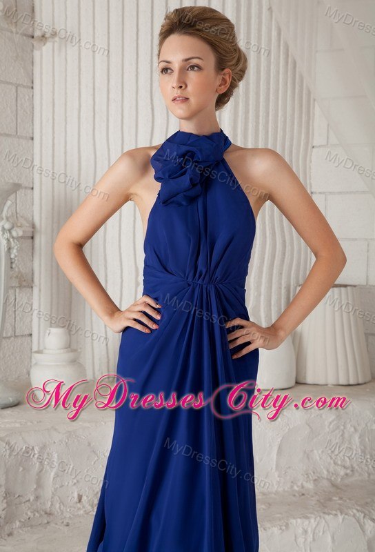 Blue Halter Watteau Train Chiffon Evening Dress with Ruching