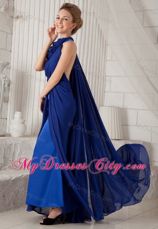 Blue Halter Watteau Train Chiffon Evening Dress with Ruching