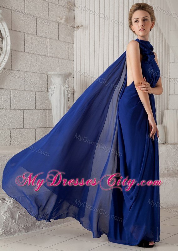 Blue Halter Watteau Train Chiffon Evening Dress with Ruching