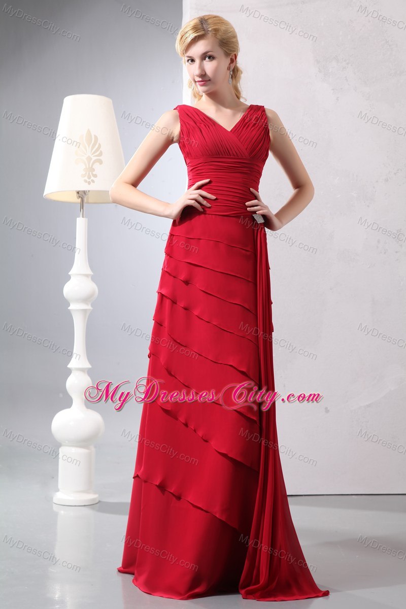 Red V-neck Mother Dresses Floor-length with Ruching