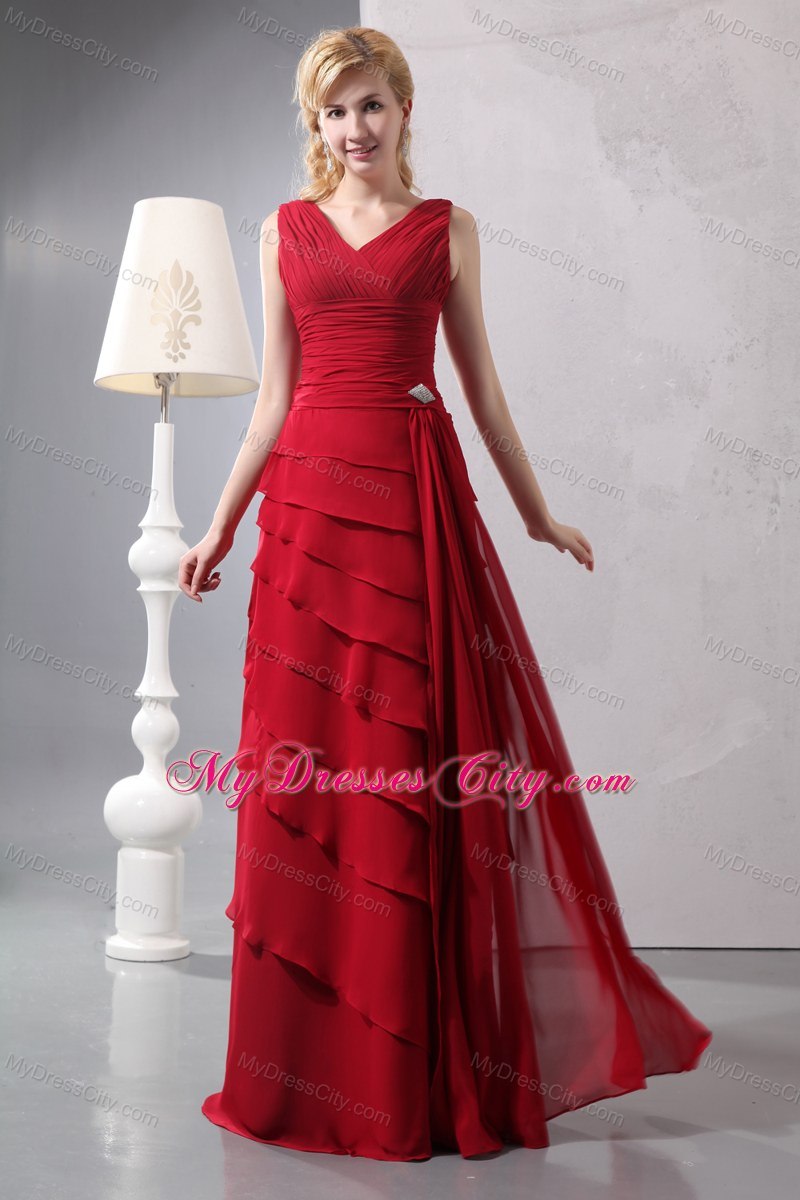 Red V-neck Mother Dresses Floor-length with Ruching