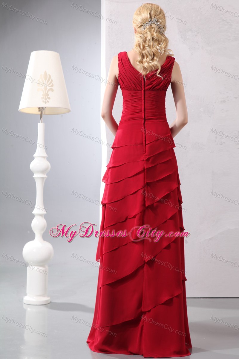 Red V-neck Mother Dresses Floor-length with Ruching