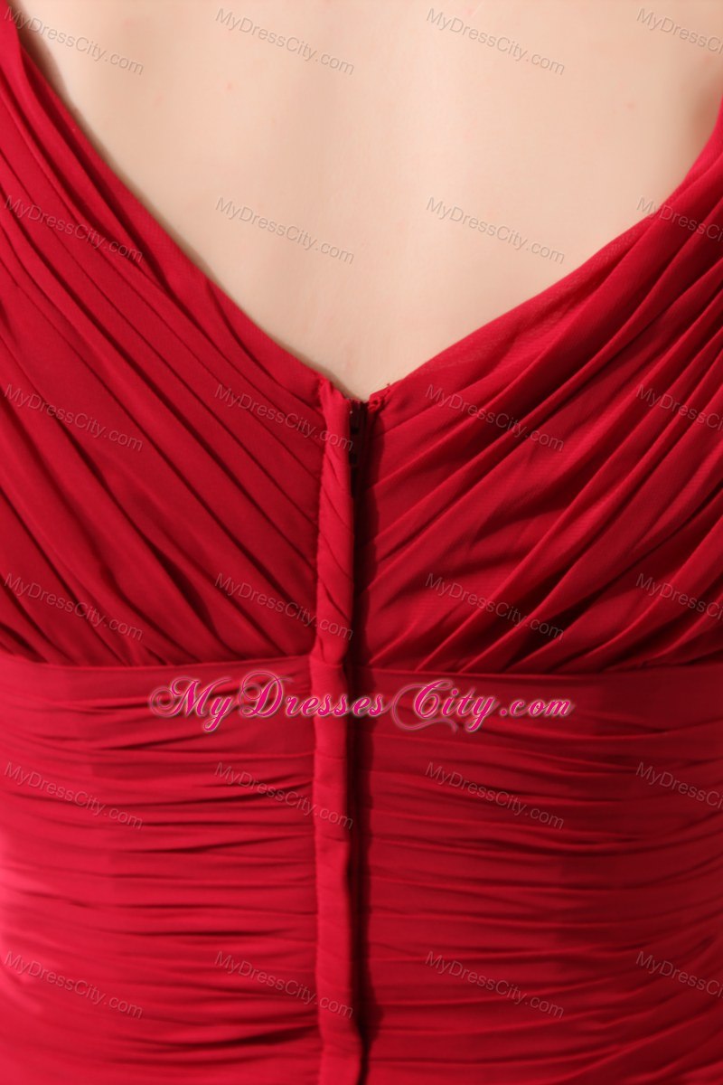 Red V-neck Mother Dresses Floor-length with Ruching