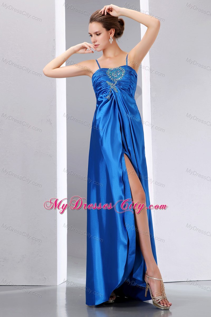 Blue Beaded Prom Dress with Spaghetti Straps and Ruches