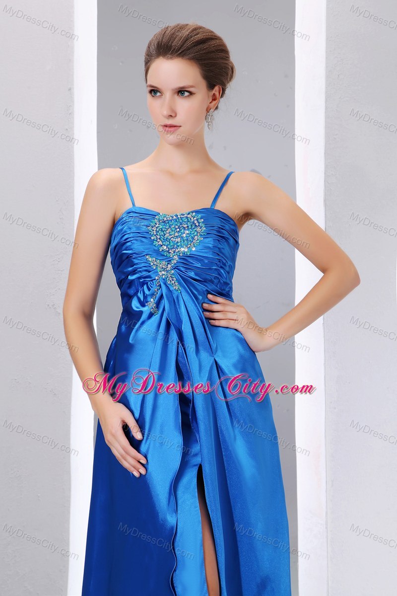 Blue Beaded Prom Dress with Spaghetti Straps and Ruches