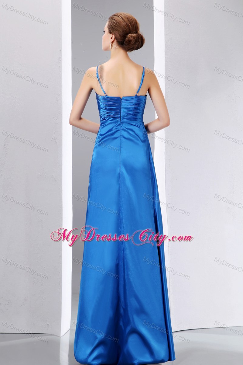 Blue Beaded Prom Dress with Spaghetti Straps and Ruches