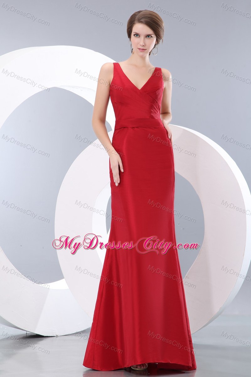 Ruched Bridesmaid Dress Red Floor-length with Cool Back