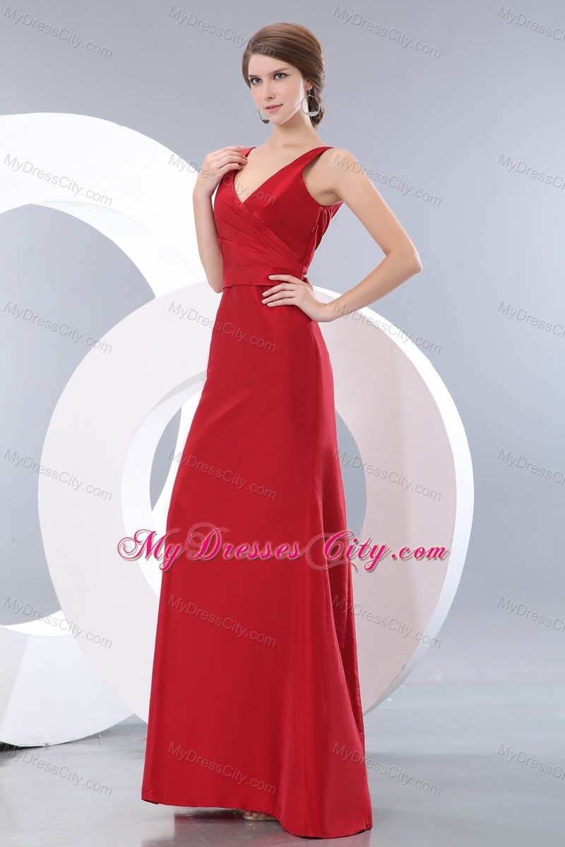 Ruched Bridesmaid Dress Red Floor-length with Cool Back