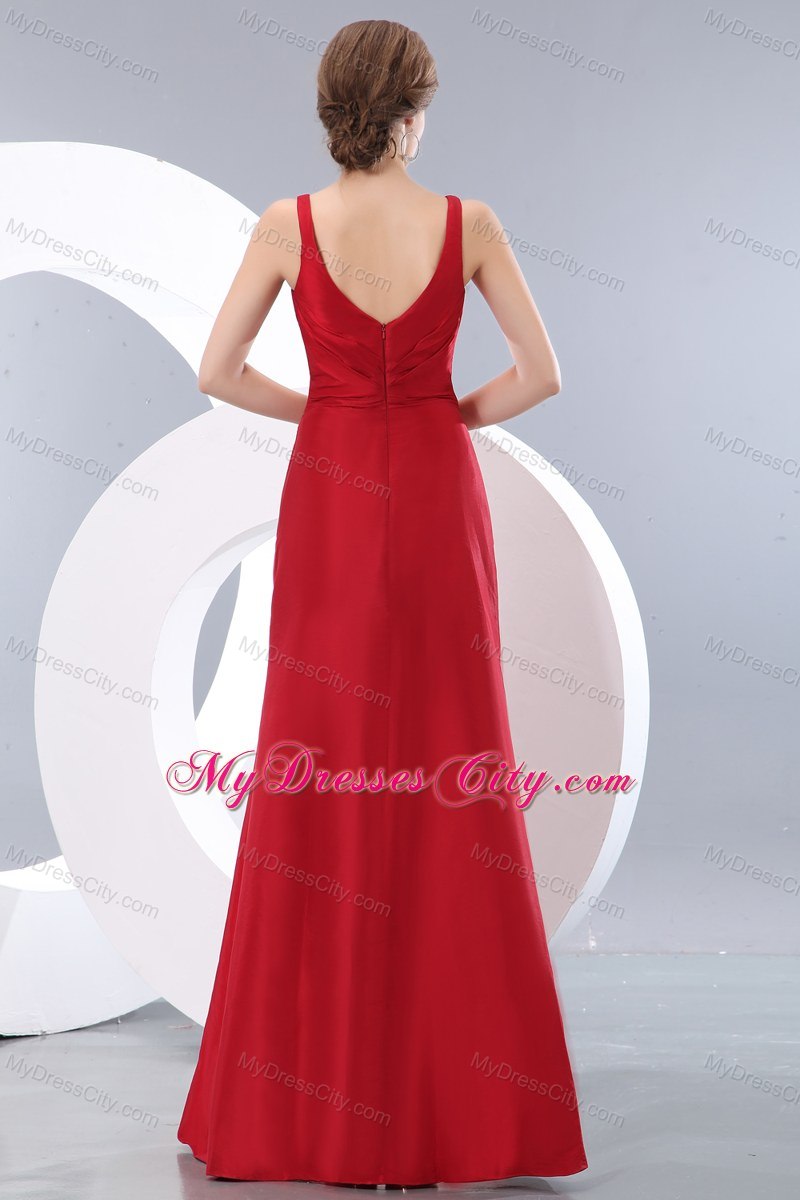 Ruched Bridesmaid Dress Red Floor-length with Cool Back