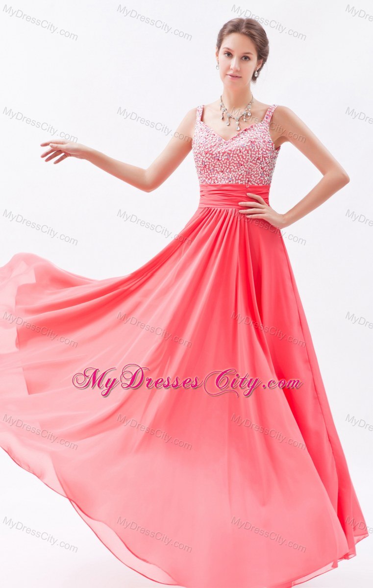 Coral Red Beaded zipper Floor-length Prom Dress with Straps