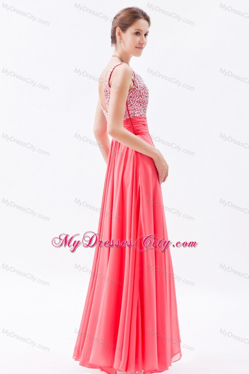 Coral Red Beaded zipper Floor-length Prom Dress with Straps