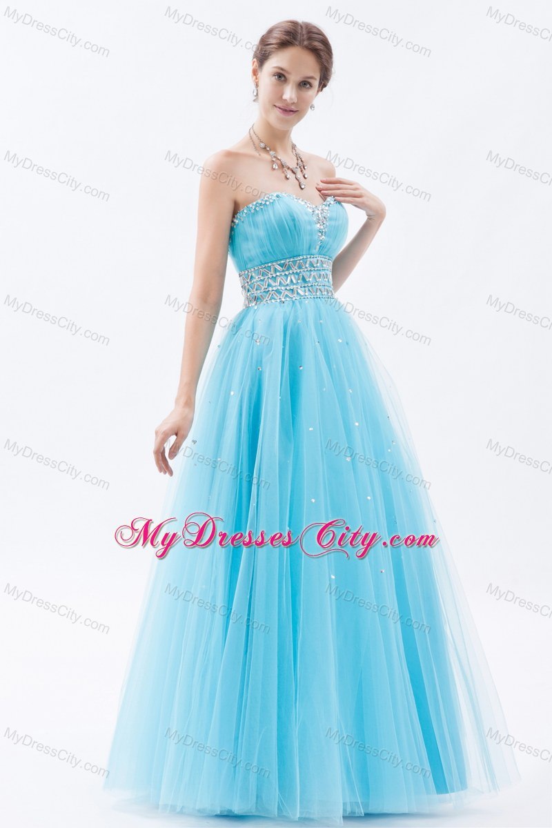 Sweetheart Tulle Beaded Floor-length Prom Dress Baby Blue