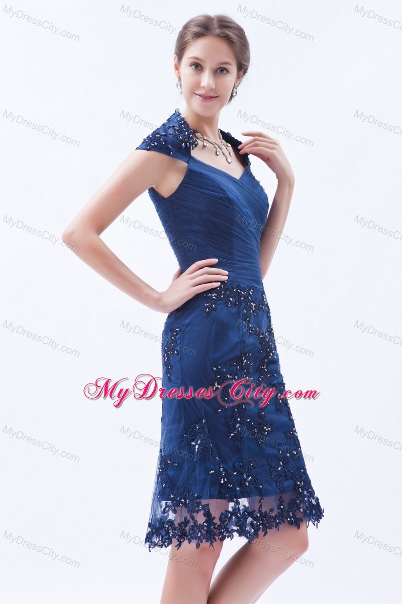 Blue Knee-length Prom Dress with Beading and Embroidery