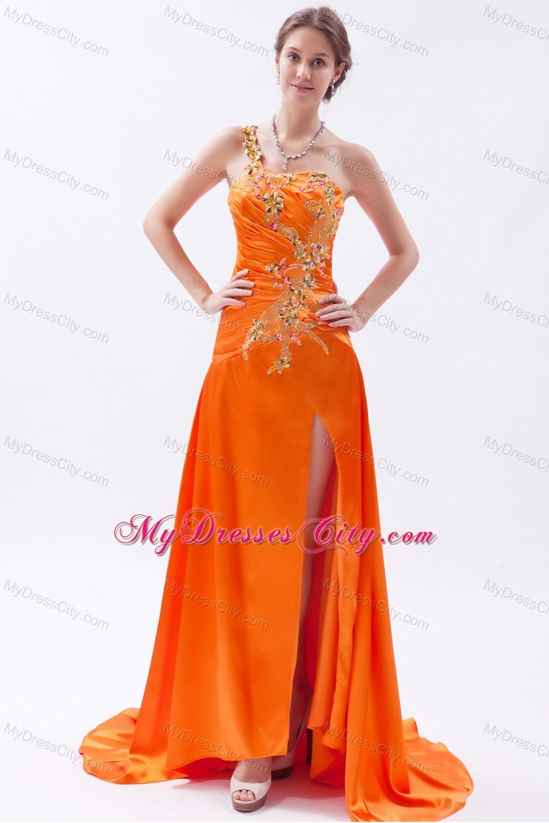 Orange One Shoulder Beaded Prom Dress with Brush Train