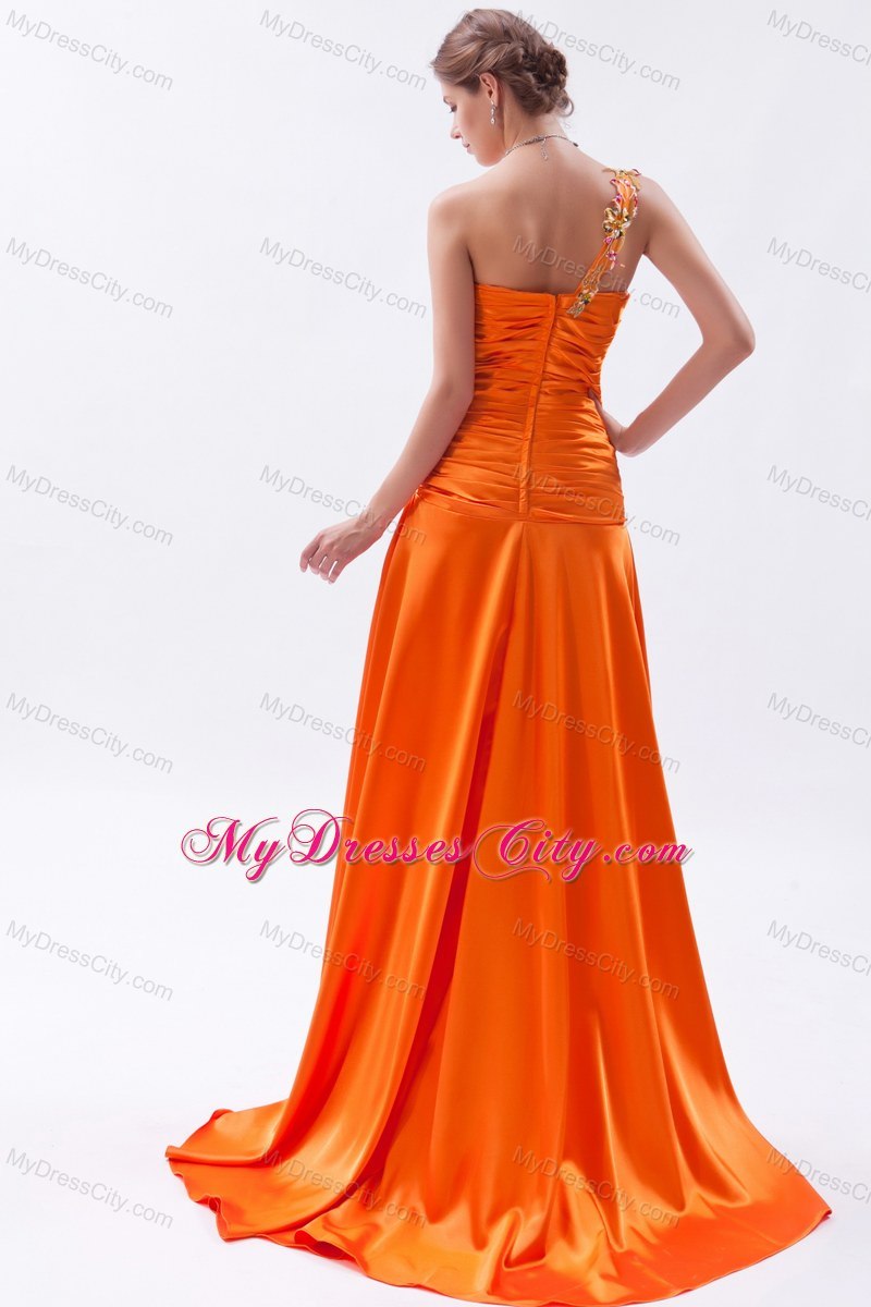 Orange One Shoulder Beaded Prom Dress with Brush Train