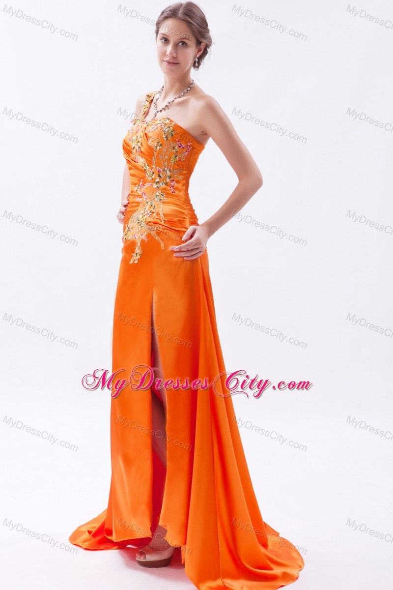 Orange One Shoulder Beaded Prom Dress with Brush Train