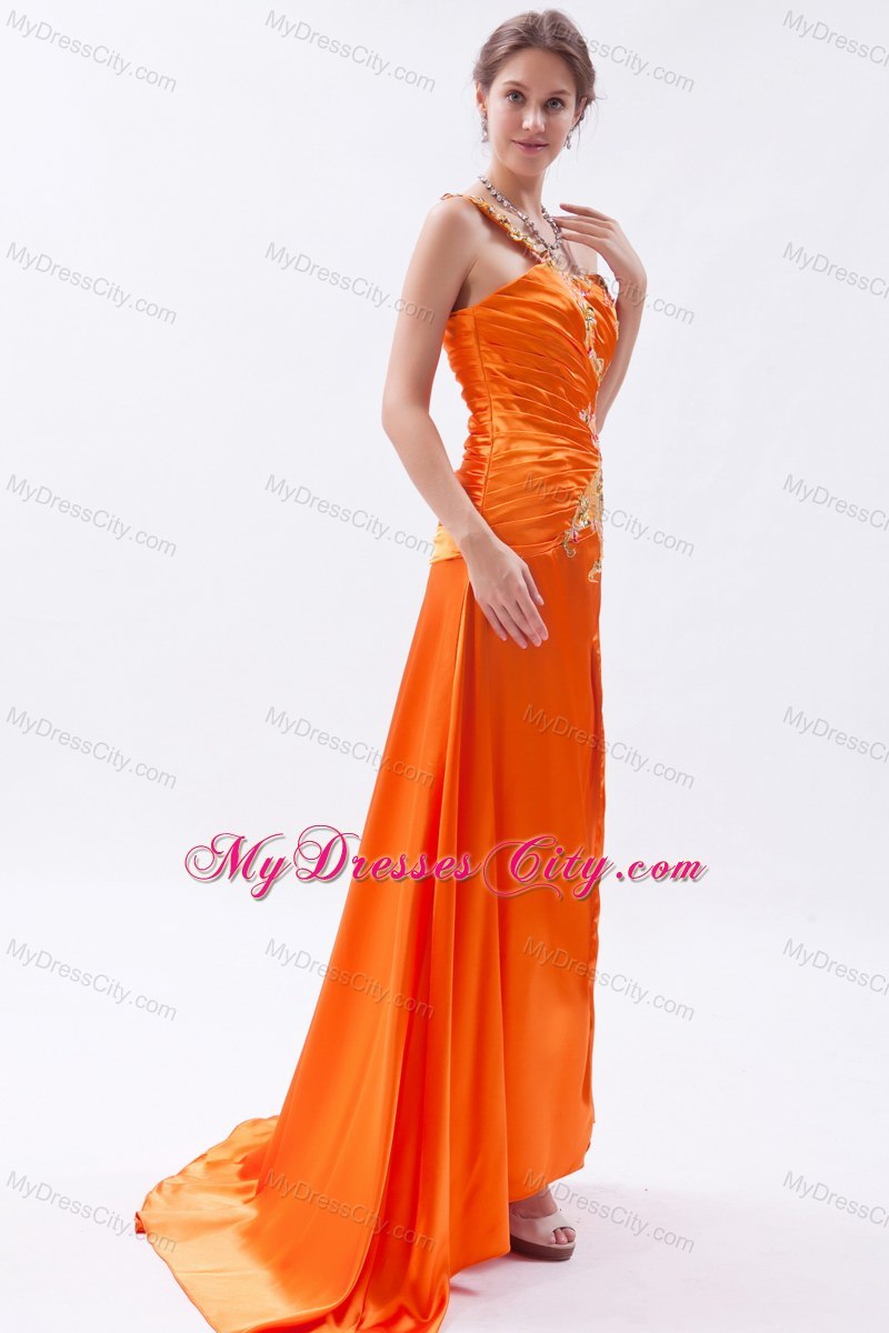 Orange One Shoulder Beaded Prom Dress with Brush Train