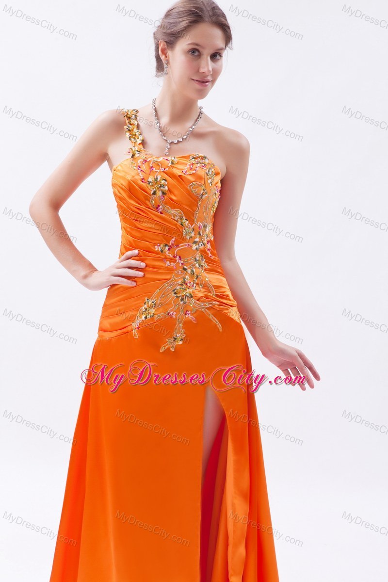 Orange One Shoulder Beaded Prom Dress with Brush Train