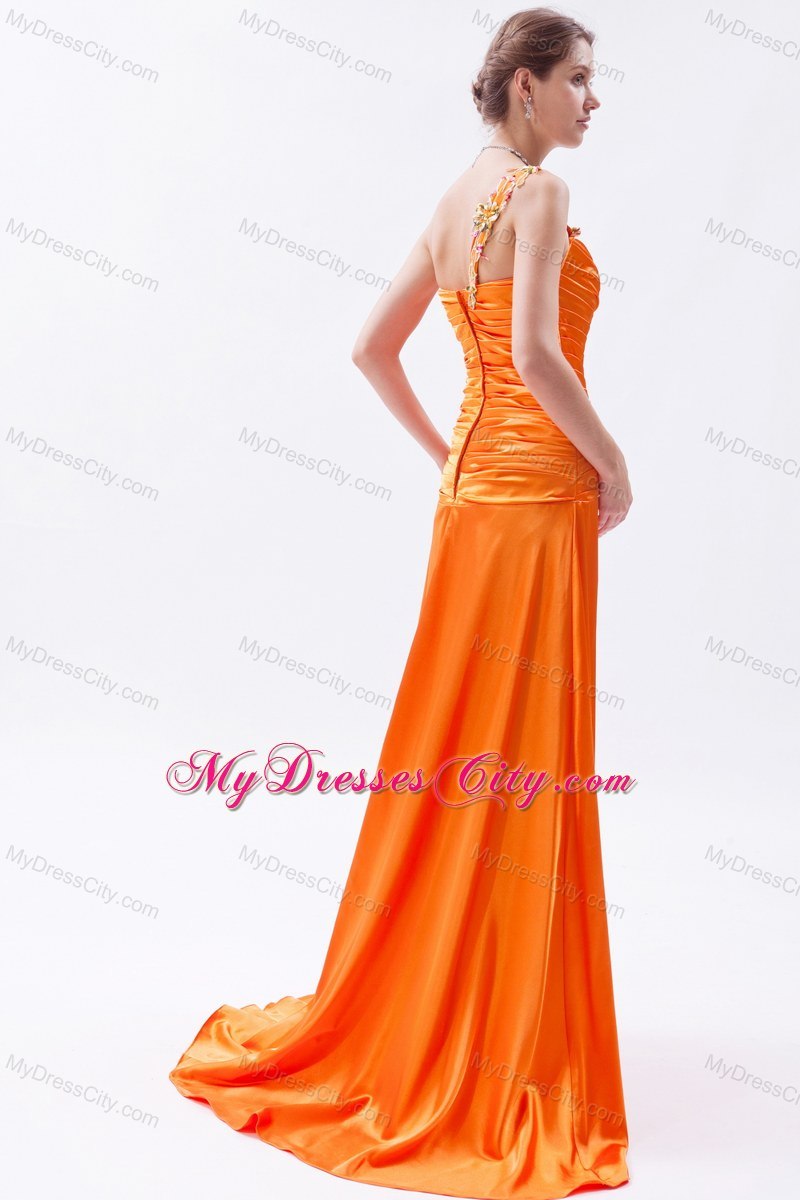 Orange One Shoulder Beaded Prom Dress with Brush Train