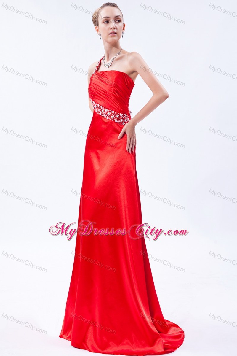 Red One Shoulder Beaded Prom Dress with Ruch Brush Train