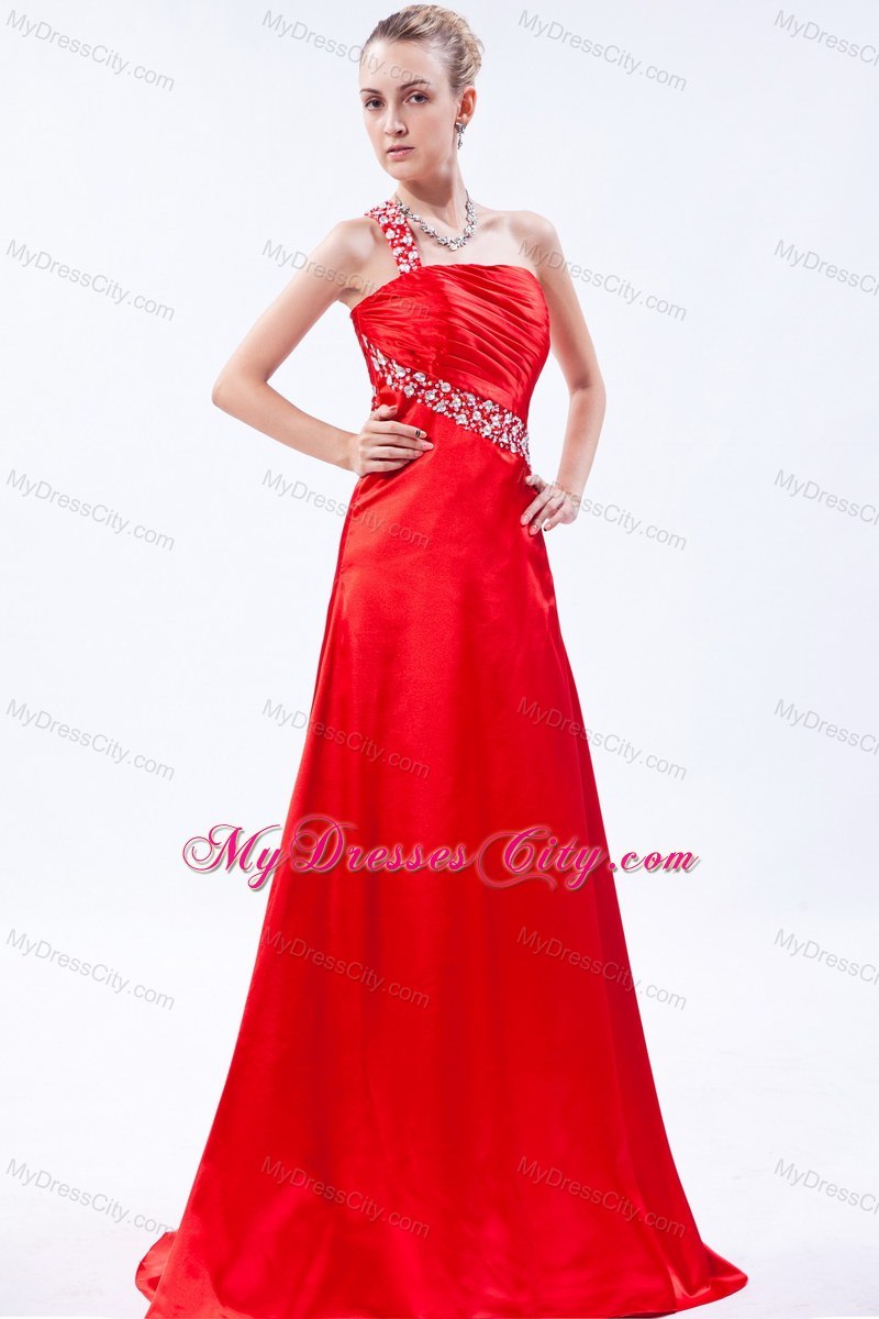 Red One Shoulder Beaded Prom Dress with Ruch Brush Train