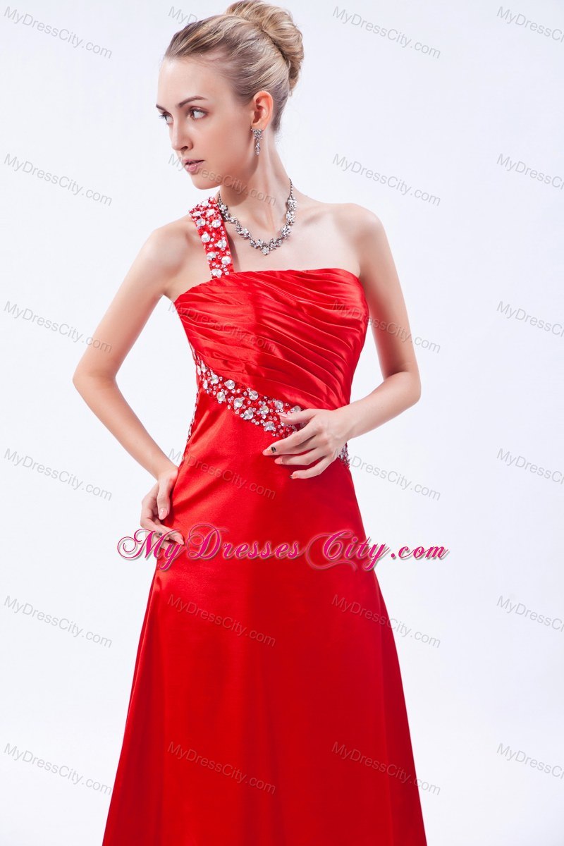 Red One Shoulder Beaded Prom Dress with Ruch Brush Train