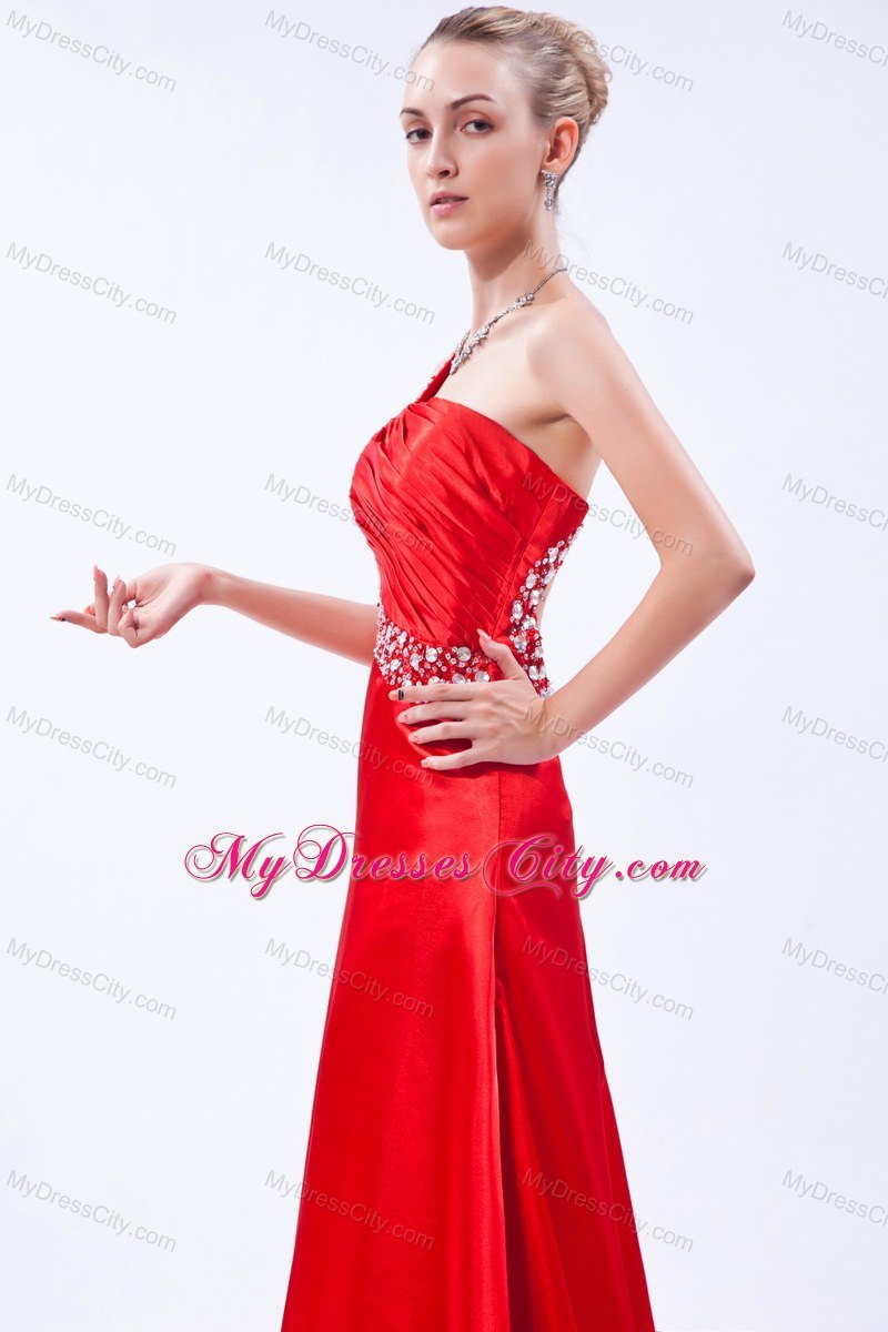 Red One Shoulder Beaded Prom Dress with Ruch Brush Train