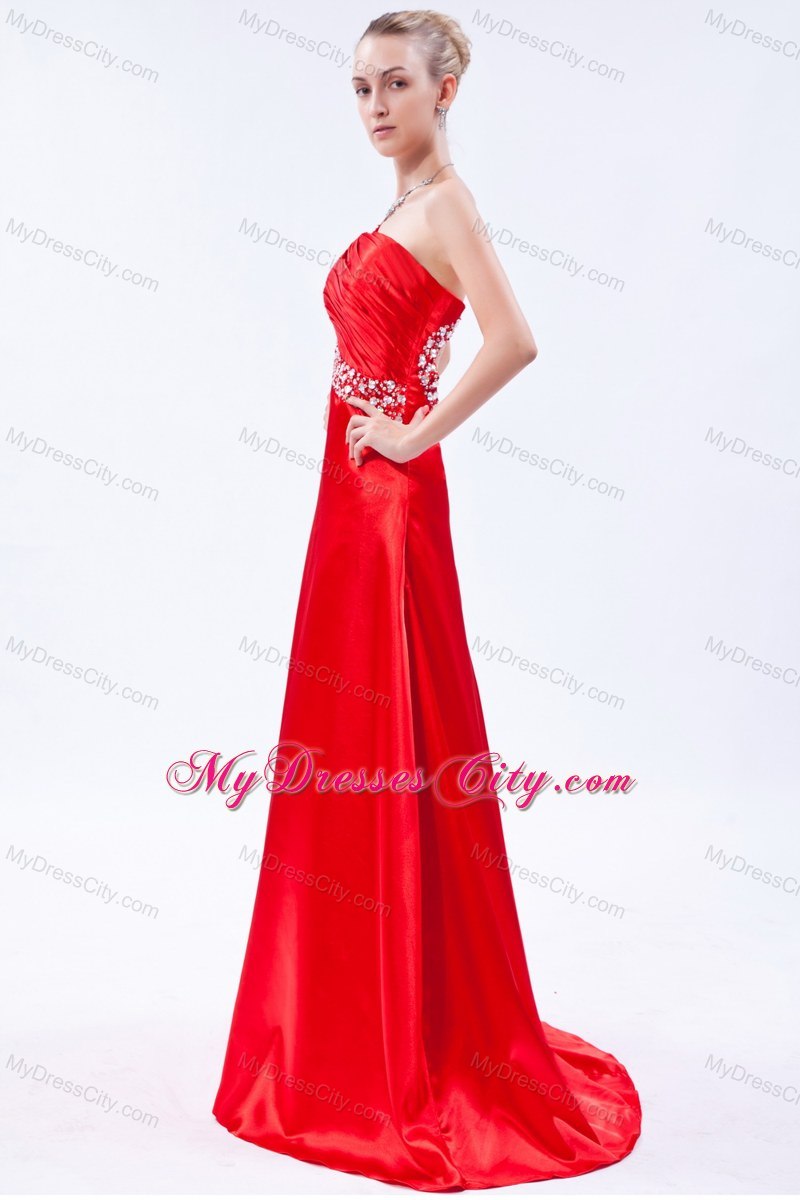 Red One Shoulder Beaded Prom Dress with Ruch Brush Train