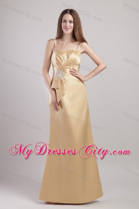 Column Spaghetti Straps Appliques Prom Dresses in Champagne