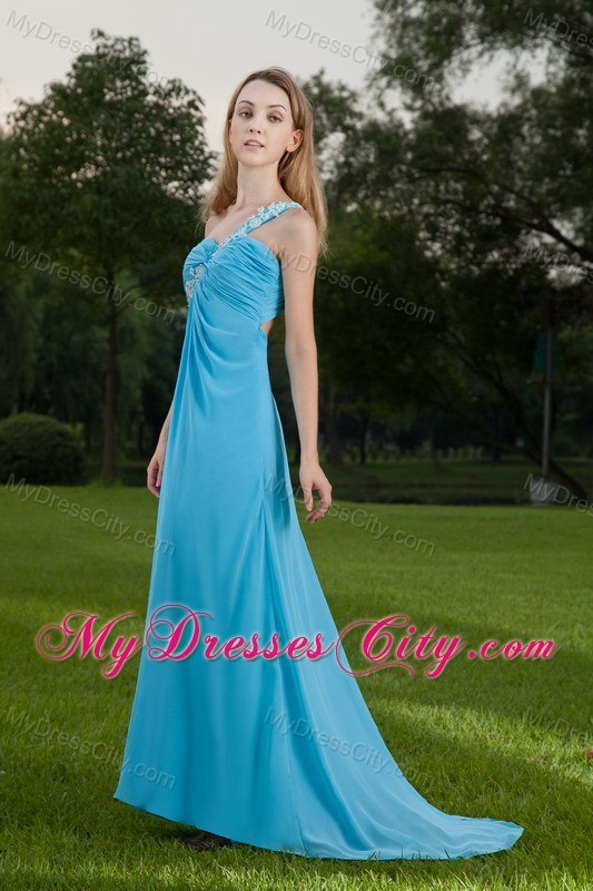 One Shoulder Appliques Ruching Baby Blue Brush Train Prom Dresses