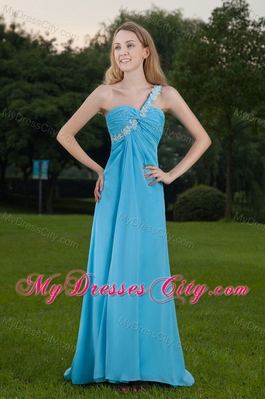 One Shoulder Appliques Ruching Baby Blue Brush Train Prom Dresses