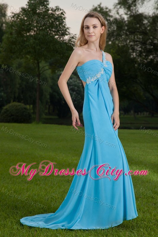 One Shoulder Appliques Ruching Baby Blue Brush Train Prom Dresses