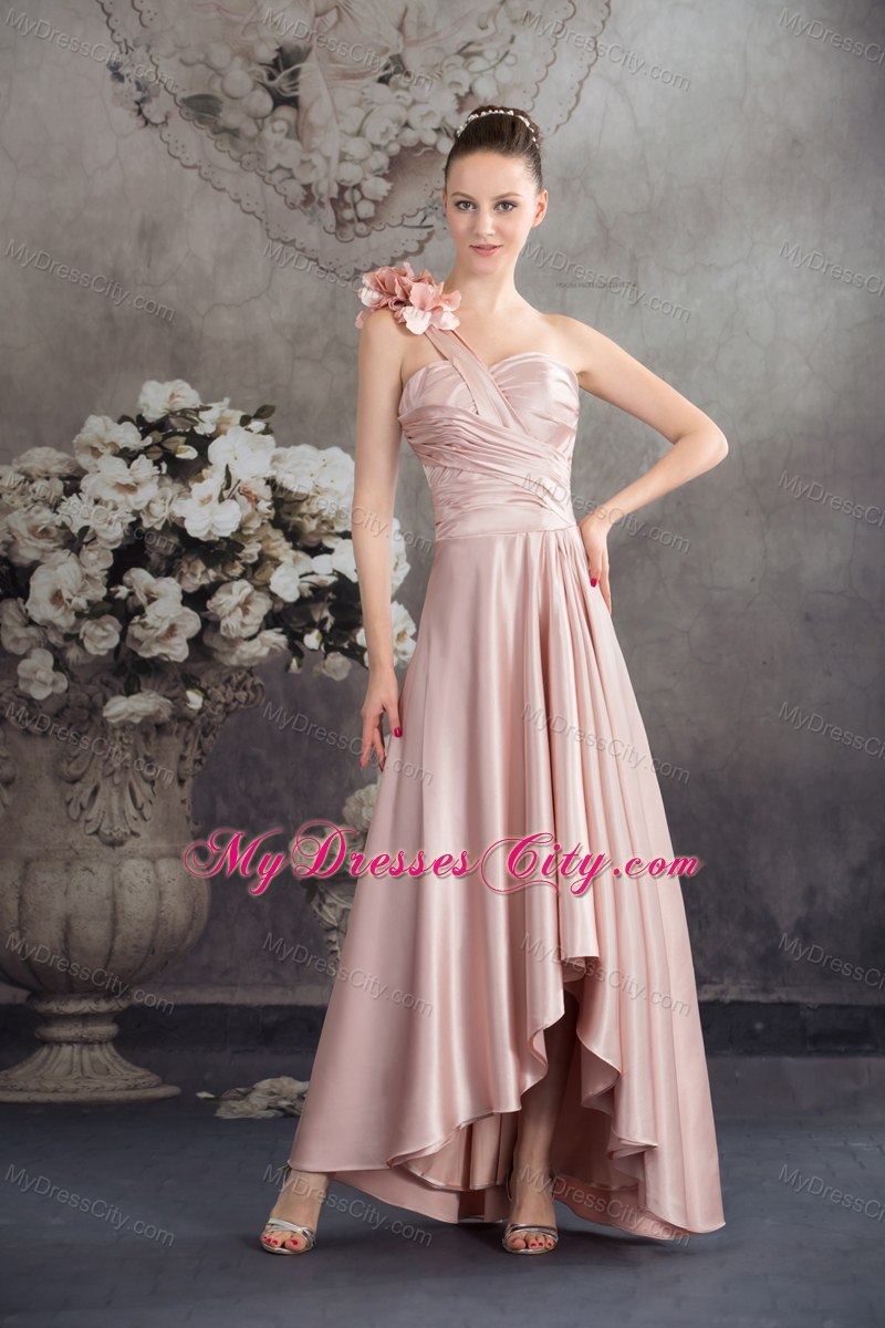 Single Shoulder Hand Made Flowers High-low Pink Prom Dress