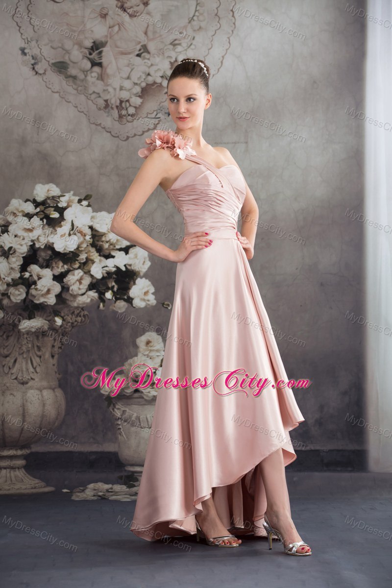 Single Shoulder Hand Made Flowers High-low Pink Prom Dress